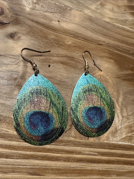 Jewelry - Teardrop Peacock Print Drop Earrings - Green Blue